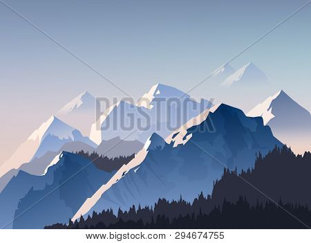 Vector Illustration Of Mountain Range, And Peaks With Morning Light Shrouded In Fog
