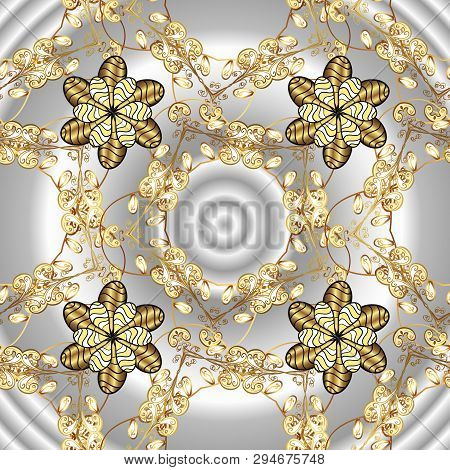 Seamless Pattern On Neutral, Gray Colors With Golden Elements. Brilliant Lace, Stylized Flowers, Pai
