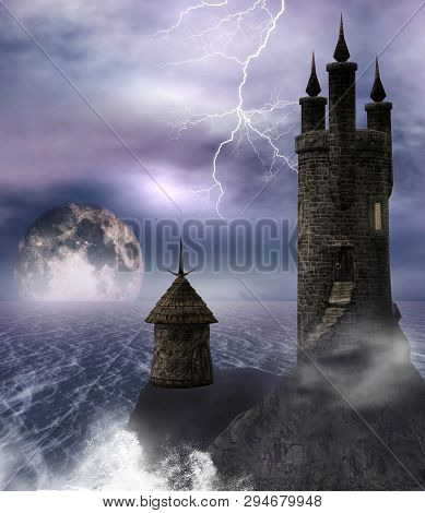 Dark Mysterious Tower Struck By A Furious Storm - 3d Illustration