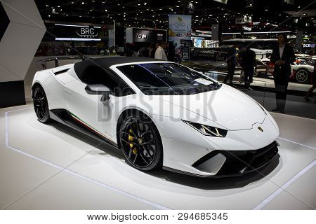 White Lamborghini  On Display In Bangkok International Motor Expo 2018.