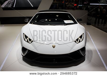 White Lamborghini  On Display In Bangkok International Motor Expo 2018.