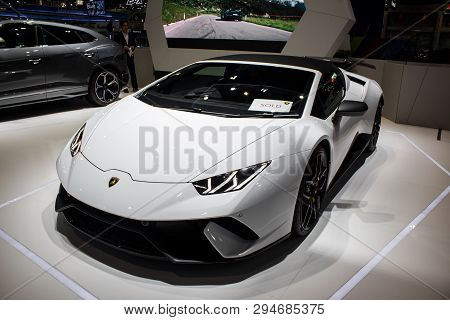 White Lamborghini  On Display In Bangkok International Motor Expo 2018.