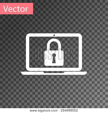 White Laptop And Lock Icon Isolated On Transparent Background. Computer And Padlock. Security, Safet