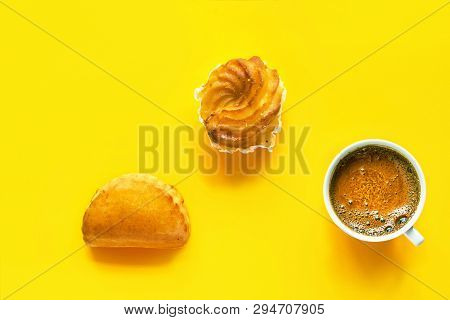 Traditional Italian Pastry Cassatella Sweet Ravioli With Ricotta Filling Zeppole Cup Of Freshly Brew