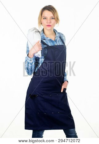 Barbecue Master. Woman Checkered Shirt And Apron For Cooking White Background. Grilling Food. Cookin