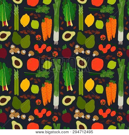 Seamless Pattern With Fresh Colourful Vegetables, Fruits, Greenery, Mushrooms And Almond. Cartoon Fl