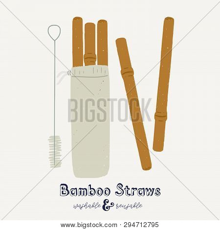 Set Of Flat Style Bamboo Straws In Textile Bag With Cleaning Brush. Cartoon Vector Objects With Hand
