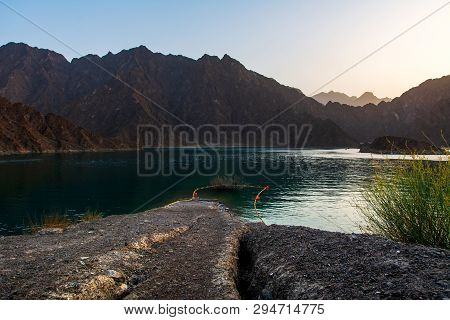 Sunset At Hatta Dam Lake In Dubai Emirate Of United Arab Emirates