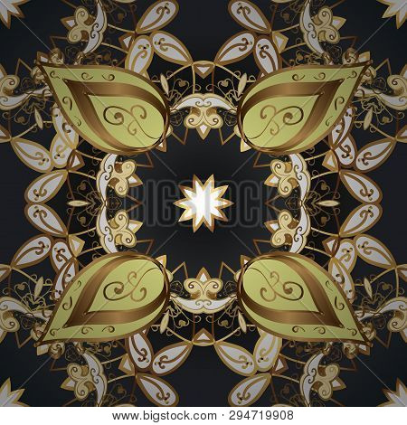 Abstract Seamless Vector Pattern With Hand Drawn Floral Elements. Gentle, Doodles On Yellow, Brown A