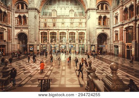 Antwerp, Belgium - Apr 2: Huge Space Of The Terminus Of Railway Station Antwerpen Centraal, Construc