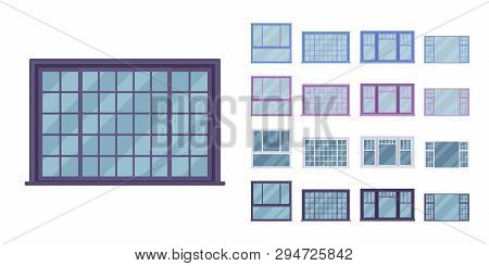 Window For Building Fitted With Glass In A Frame. Georgian Sash Classic Set With Panes. Home, Office