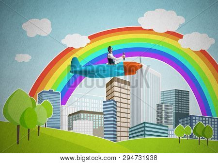 Businessman Flying In Small Propeller Plane Above Metropolis. Aviator Driving Retro Airplane On Back