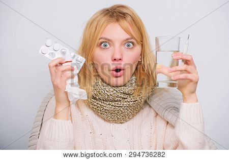 Girl Take Medicine To Break Fever. Breaking Fever Concept. Headache And Fever Remedies. Woman Sick P