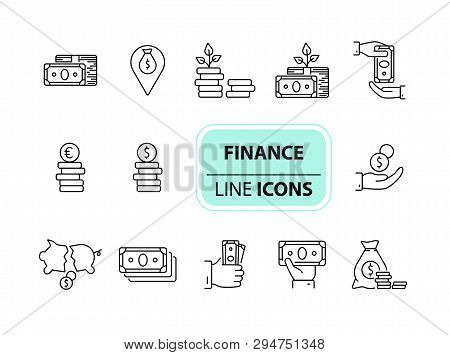 Finance Icons. Line Icons Collection On White Background. Payment, Saving, Coin Stack. Money Concept