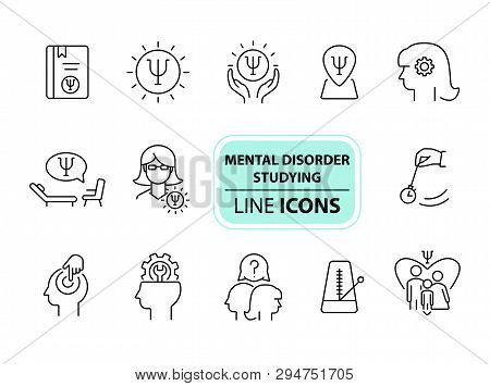 Mental Disorder Studying Line Icon Set. Psychologist, Hypnosis, Metronome. Psychology Concept. Can B