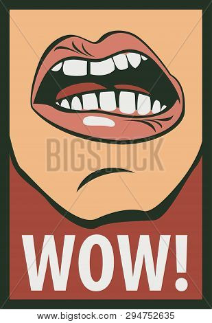 Vector Illustration With Human Mouth Screaming Wow. Open Mouth And Wow Message, Promotional Backgrou