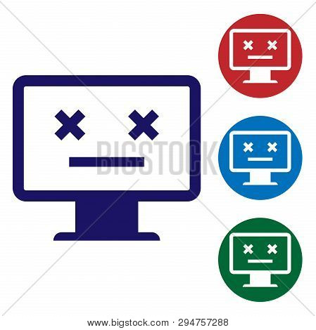 Blue Dead Monitor Icon Isolated On White Background. 404 Error Like Pc With Dead Emoji. Fatal Error 