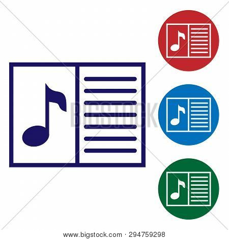 Blue Music Book With Note Icon Isolated On White Background. Music Sheet With Note Stave. Notebook F