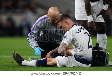 LONDON, ENGLAND: 09 MAR 2019. Kieran Trippier of Tottenham receives treatment for an injury during the UEFA Champions League Quarter Final, First Leg match