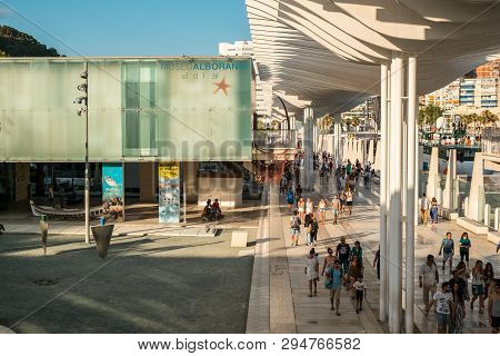 Malaga, Spain - July 1, 2018. Waterfront Promenade With A Pergola At Muelle Uno In The Port Of Malag