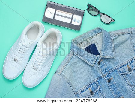 Retro Style Denim Stylish Jacket, Video Cassette, 3d Glasses And White Hipster Sneakers On A Mint-co