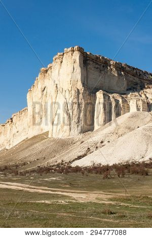 Beautiful Landscape Of White Rock Or Belaya Scala, Rock Aq Kaya, Crimea, Belogorsky District On Blue