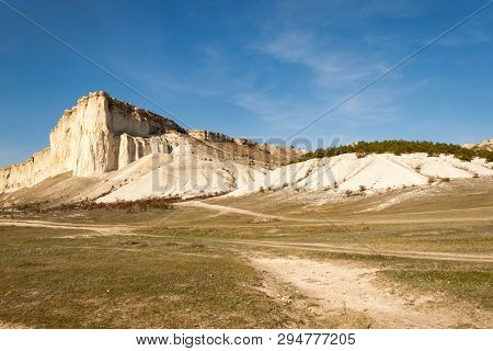 Beautiful Landscape Of White Rock Or Belaya Scala, Rock Aq Kaya, Crimea, Belogorsky District On Blue