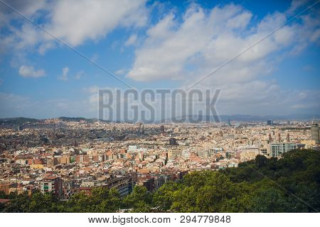 View Of The City Of Barcelona From Afar. Spain.