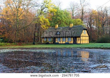 Old Half Timbered House With Thatched Roof In Charlottenlund, Denmark