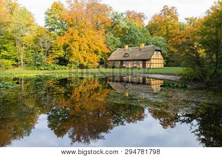 Old Half Timbered House With Thatched Roof In Charlottenlund, Denmark