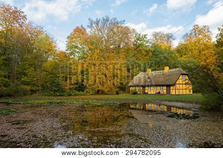 Old Half Timbered House With Thatched Roof In Charlottenlund, Denmark