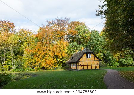 Old Half Timbered House With Thatched Roof In Charlottenlund, Denmark