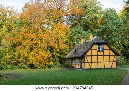 Old Half Timbered House With Thatched Roof In Charlottenlund, Denmark