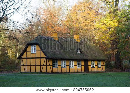 Old Half Timbered House With Thatched Roof In Charlottenlund, Denmark
