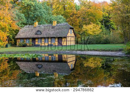 Old Half Timbered House With Thatched Roof In Charlottenlund, Denmark