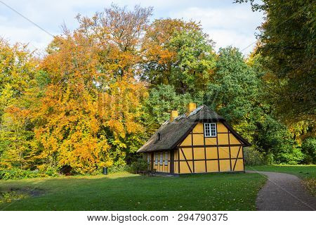 Old Half Timbered House With Thatched Roof In Charlottenlund, Denmark