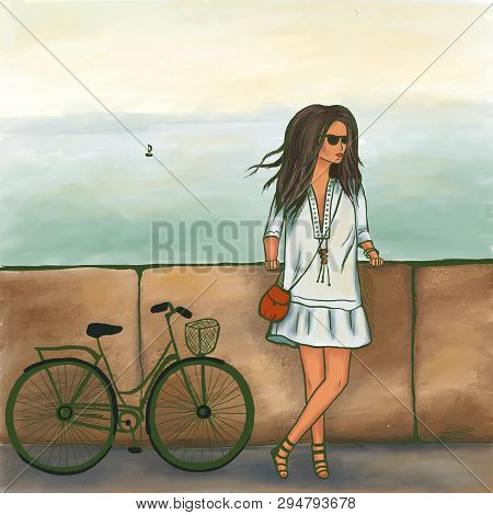 Italian Girl With A Bicycle On The Waterfront