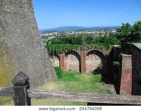 Mukachevo, Ukraine - May 3, 2018: Moat Around Palanok Castle Against Backdrop Of The Landscape Of Mu