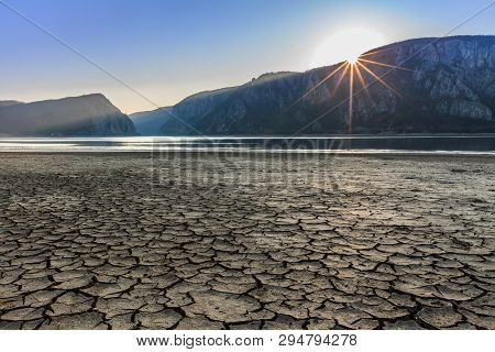 Sunrise In Dubova Bay. Danube River, Romania