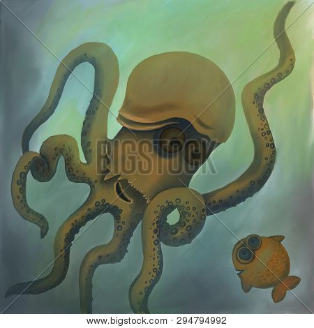 Kraken And Fish In The Underwater World