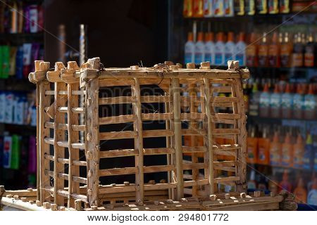 Homemade Box For Fruit From Natural Wood. Box For Fruit In The Oriental Market. Natural Packaging Fo