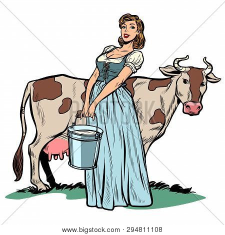 A Woman Milker Cow Bucket Milk. Agriculture Village Life. Pop Art Retro Vector Illustration Vintage 