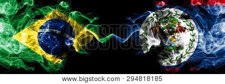 Brazil Vs Belize, Belizean Smoke Flags Placed Side By Side. Thick Colored Silky Smoke Flags Of Brazi