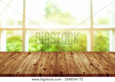 Emtry Wooden Table On Top Over Blur Natural Background, Can Be Used Mock Up For Montage Products Dis