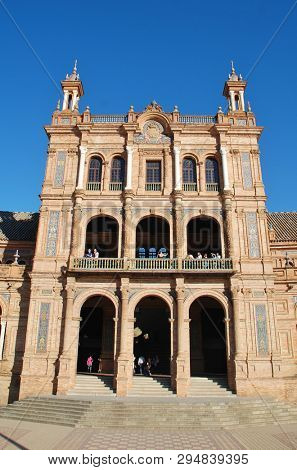 SEVILLE, SPAIN - APRIL 3, 2019: Exterior of the historic Plaza de Espana. It was built for the 1929 Ibero -American Exposition. 