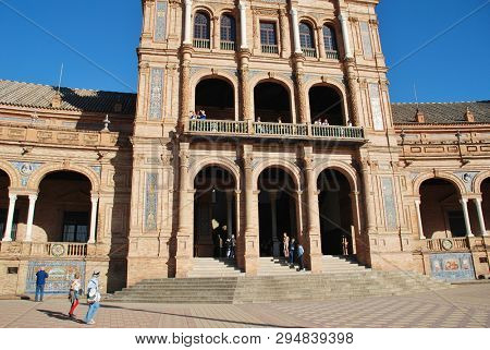 SEVILLE, SPAIN - APRIL 3, 2019: Exterior of the historic Plaza de Espana. It was built for the 1929 Ibero -American Exposition. 