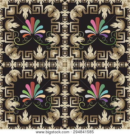Baroque Style Floral Greek Vector Seamless Pattern. Geometric Ornamental Checkered Background. Vinta
