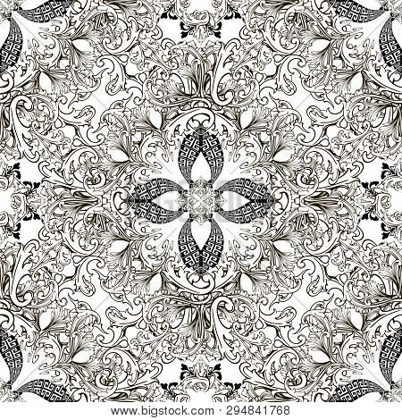 Vintage Black And White Baroque Vector Seamless Pattern. Greek Style Ornamental Background. Intricat