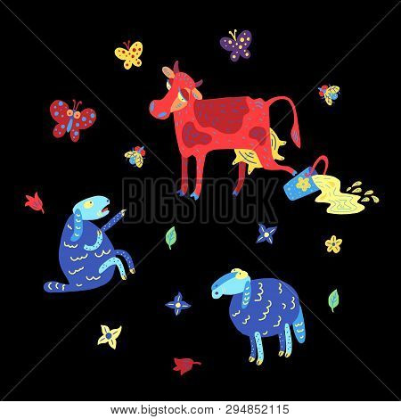 Summer Meadow Doodle With A Cow Kicking A Bucket With Milk And Sheep. The Decorative Picture With Sm