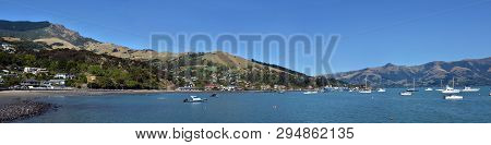 Akaroa Town Super Wide Panaorama, Harbour And Boats,
  New Zealand.